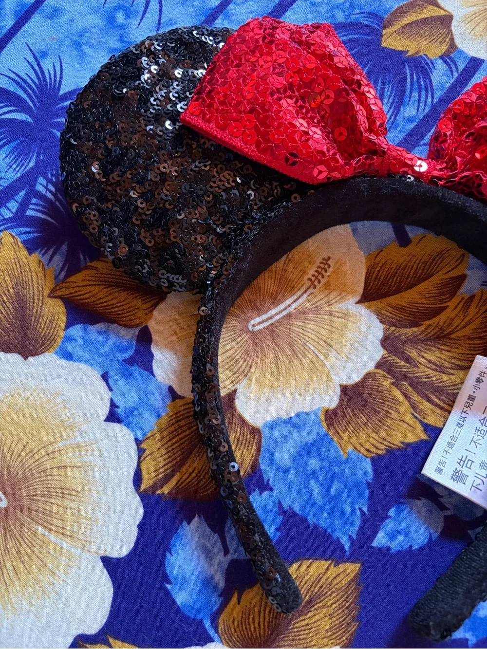 Disney Parks Minnie Mouse Black Sequin Ears Headband with Red Bow